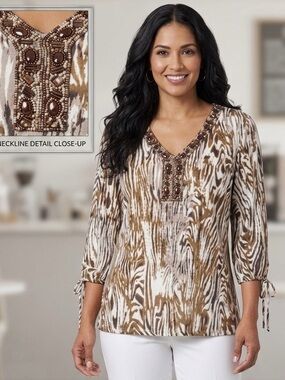 Cato animal print bead embellished V neck tunic.size exlg